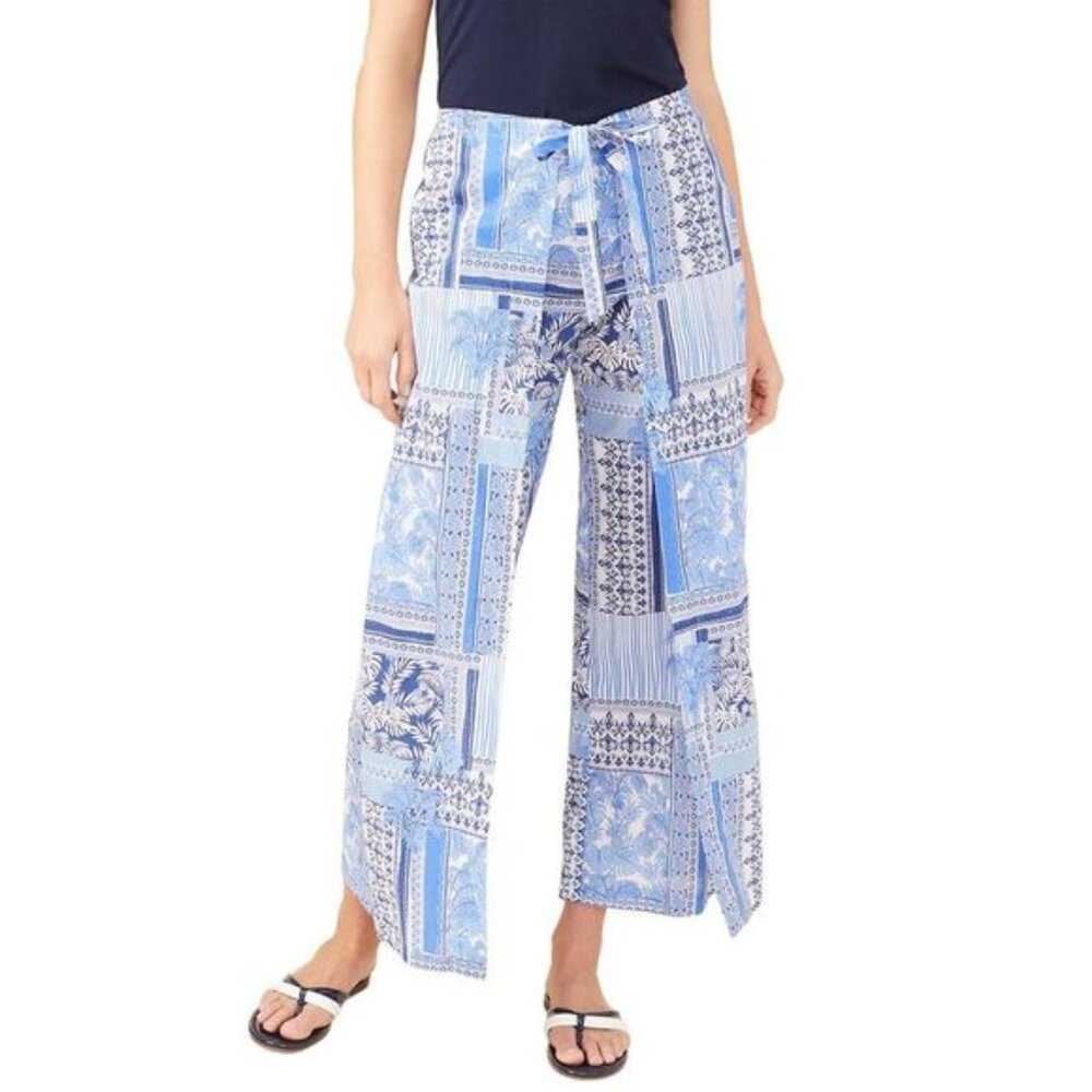 J. McLaughlin Eugene Wide‎ Leg Patchwork Palm Tropical Print Pants Blue Small